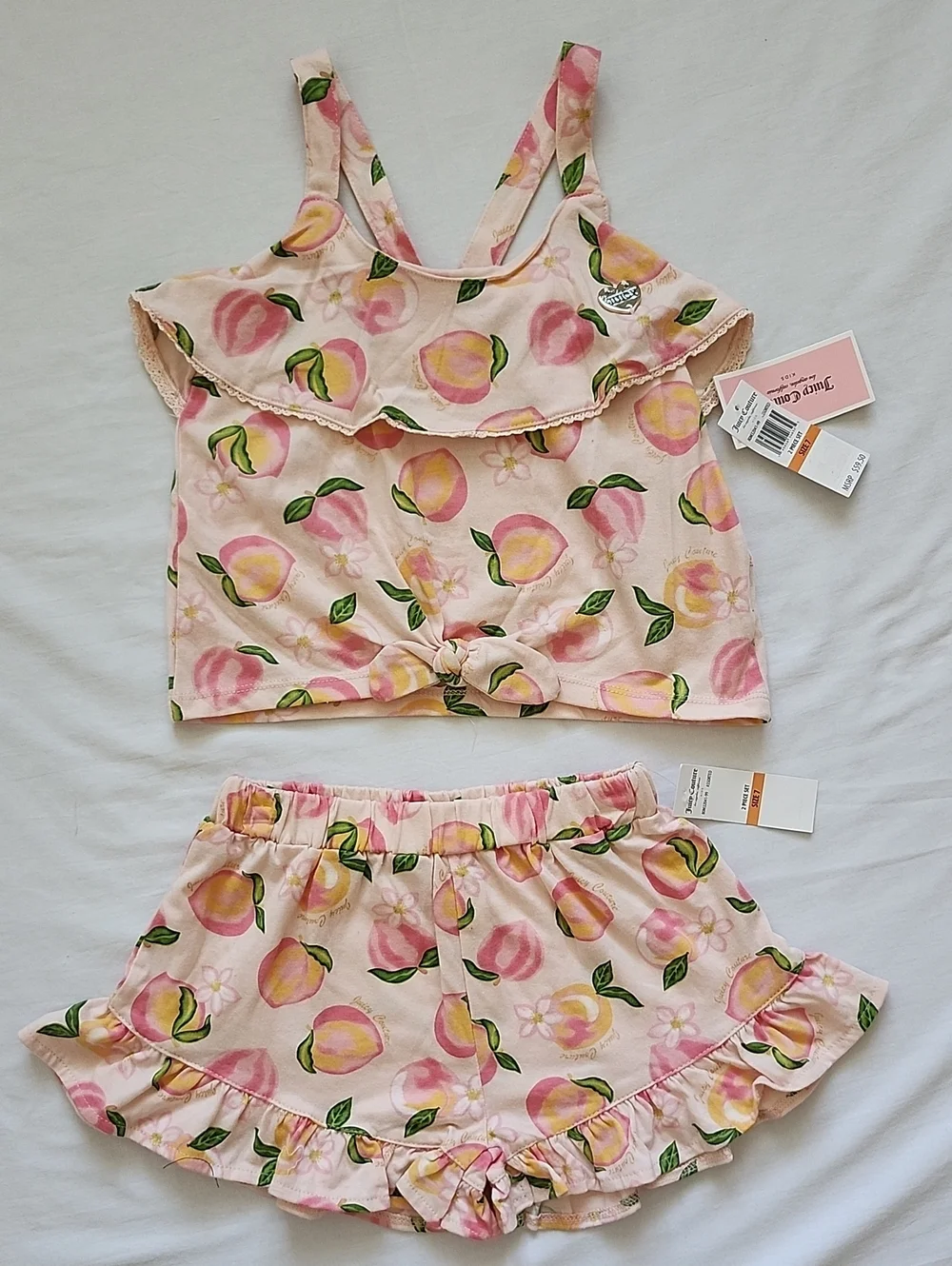 NWT Juicy Couture Kids Girl Pink Peach Ruffle Crop Top & Shorts Set Size 7